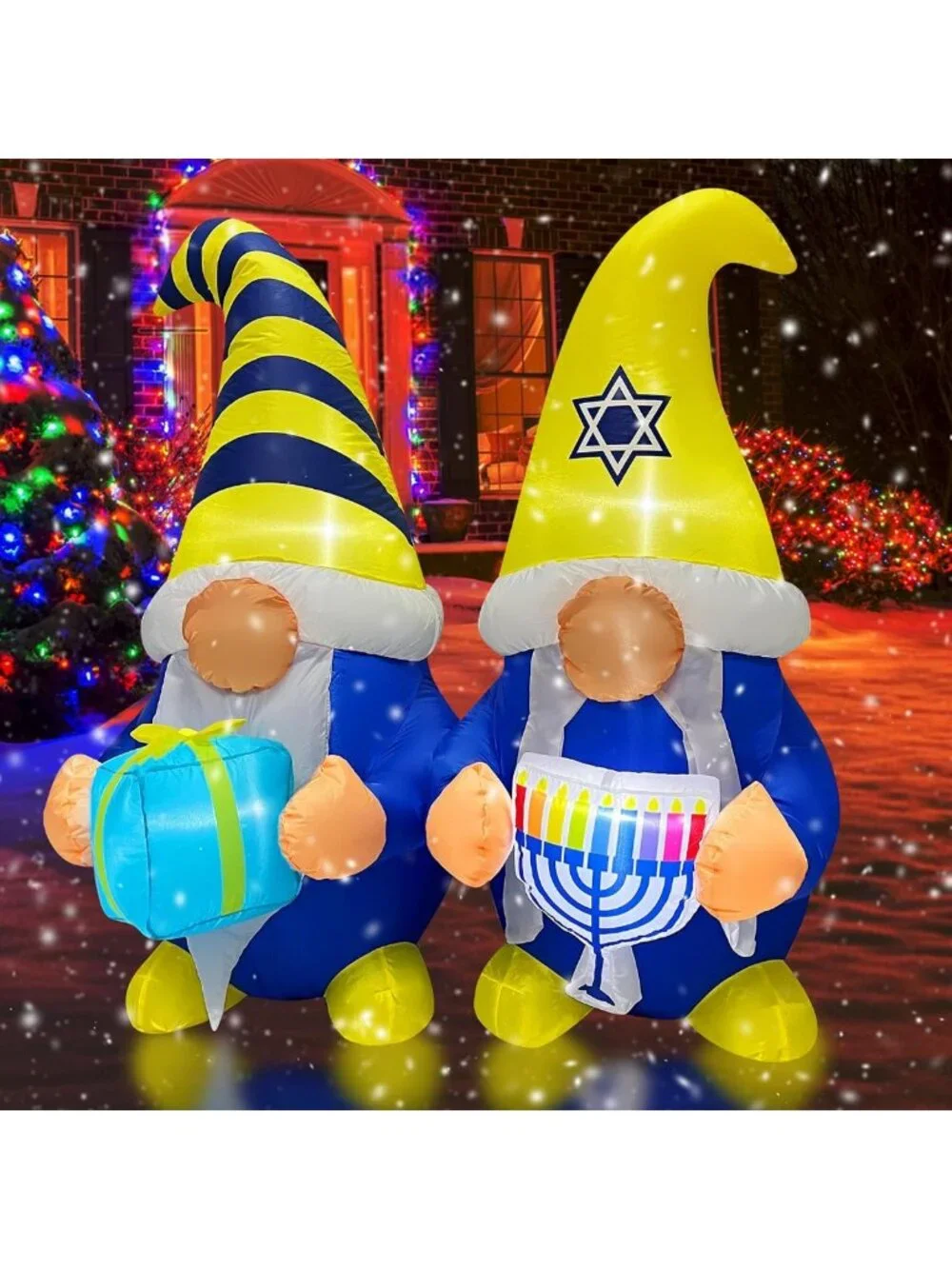 4FT Inflatable Hanukkah Gnomes with Menorah & Gift Box - LED Outdoor Decor